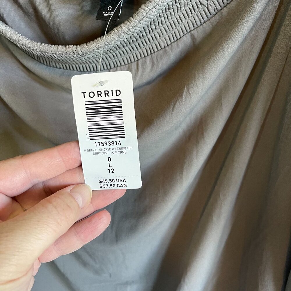 NWT Torrid Womens Gray Studio Knit Off Shoulder Smocked Chiffon Swing Top Large - Picture 11 of 13
